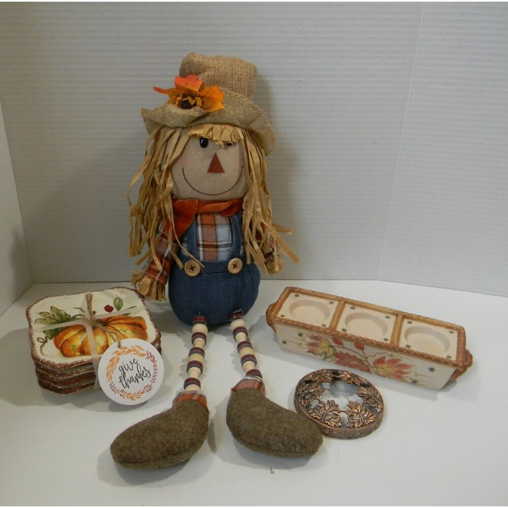 Lot of Fall Decor Pumpkins Coasters Leaf Candleholder Scarecrow Sitter SOME NEW